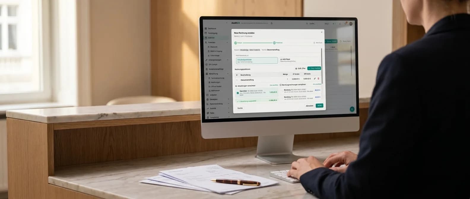 Praxismanagerin erstellt am Schreibtisch einer Privatklinik eine neue Rechnung in AesthOS — Wizard mit GOÄ-Paket und Anzahlungs-Verrechnung auf dem iMac