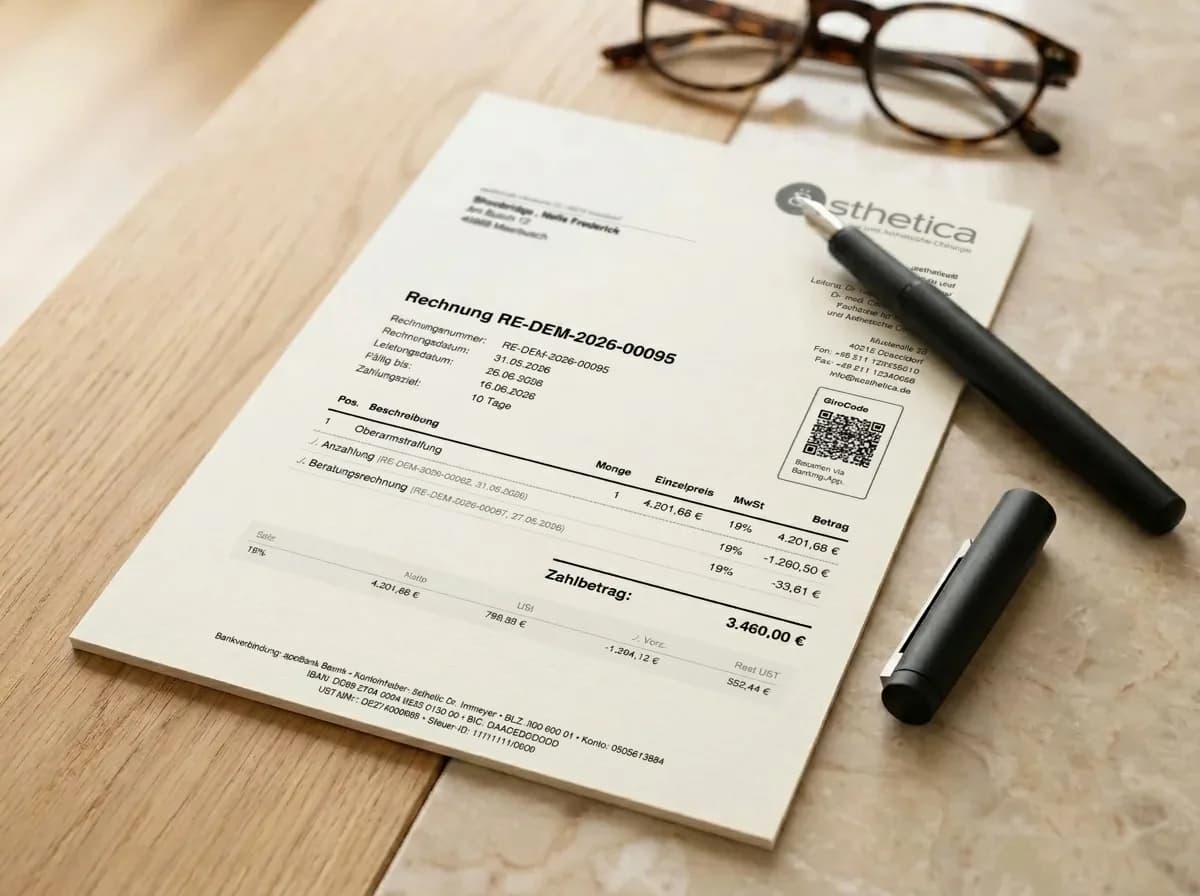 Fertige Privatliquidation aus AesthOS auf Briefpapier — mit verrechneter Anzahlung, angerechneter Beratungsrechnung und Girocode-QR-Code auf einem Schreibtisch