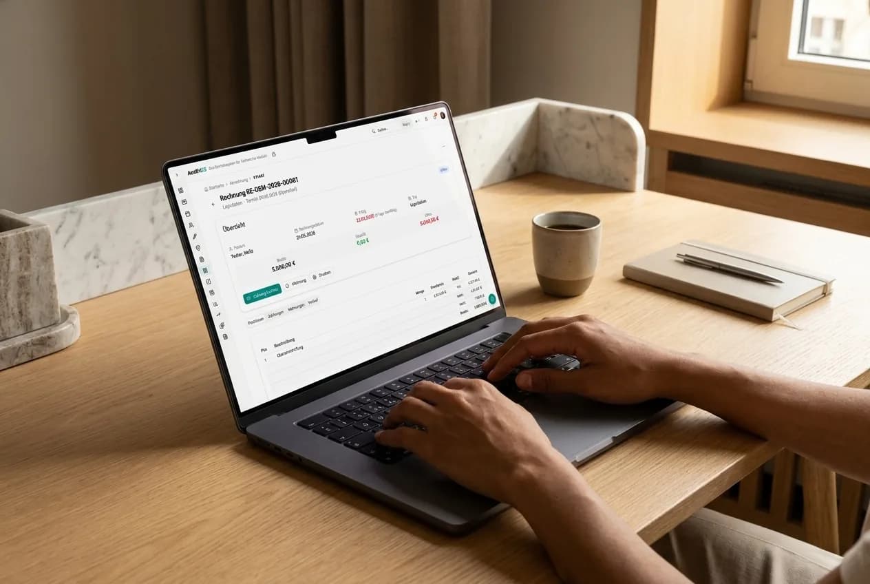 Buchhalterin am Laptop bucht in AesthOS eine Zahlung zu einer überfälligen Privatliquidation — Brutto, Bezahlt, Offen und der Button „Zahlung buchen“ sichtbar