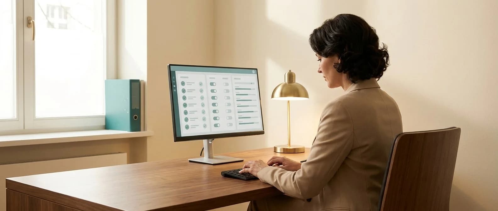 Klinikleitung prüft am Desktop-Monitor die Zugriffsrechte ihres Teams