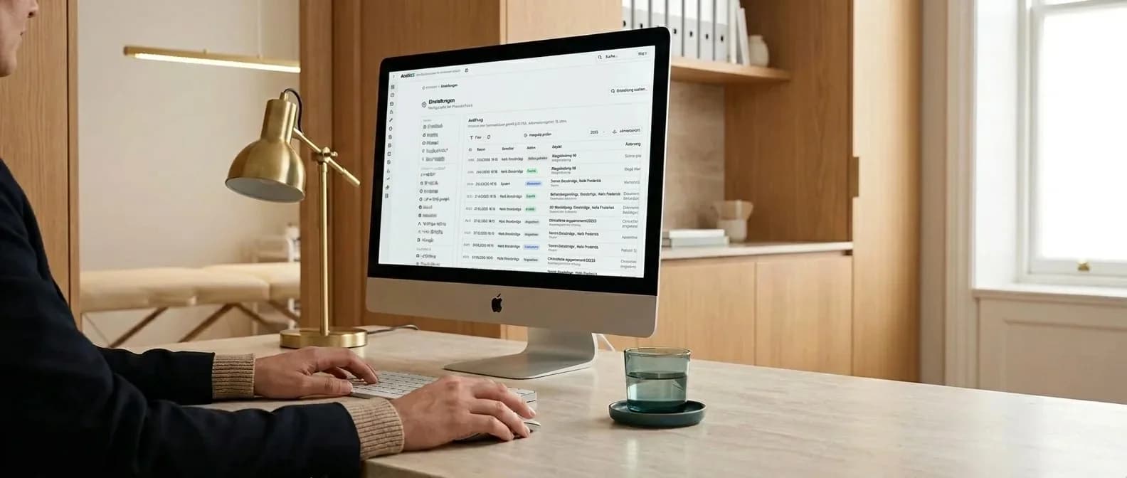 Klinikleitung prüft am iMac das revisionssichere AesthOS-Audit-Log — Tabelle mit Datum, Benutzer, Aktion und „Integrität prüfen“