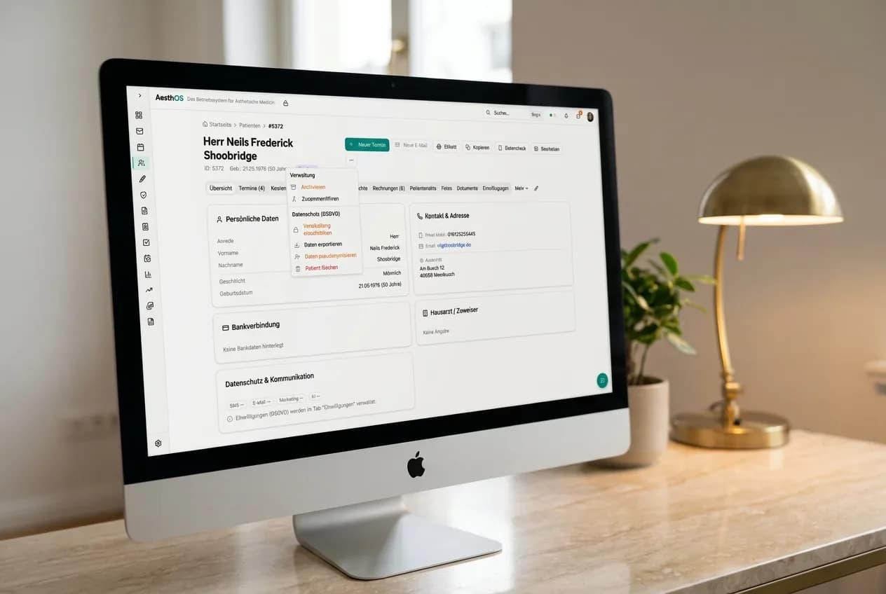 iMac in einer Privatklinik zeigt das DSGVO-Menü einer Patientenakte — Verarbeitung einschränken, Daten exportieren, pseudonymisieren, löschen