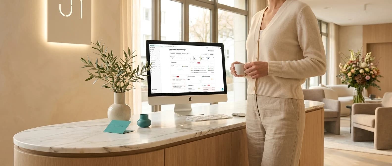 Mitarbeiterin steht morgens entspannt mit Espresso am Marmor-Counter und blickt auf das Dashboard am 27-Zoll-iMac
