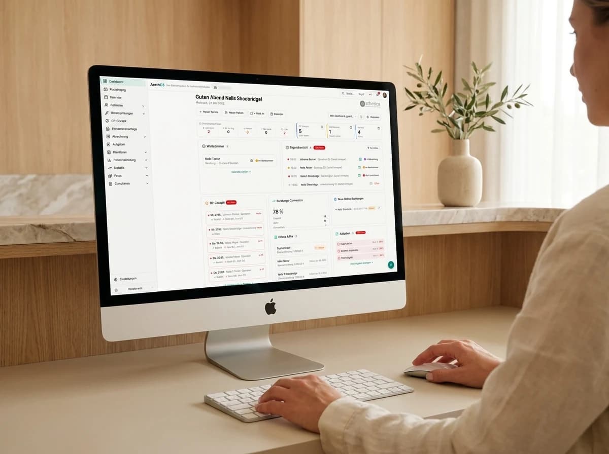 Ausschnitt des AesthOS-Dashboards: Begrüßung, vier Quick-Action-Pills (Neuer Termin, Neuer Patient, Walk-In, Kalender), Mein-Dashboard-Picker, Anpassen-Button und KPI-Strip mit Posteingang-Triage