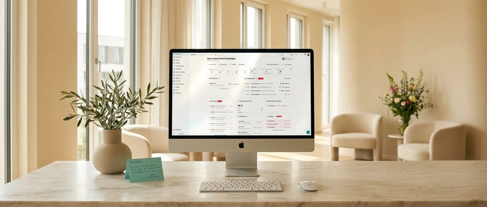 Echte Bildschirm-Ansicht des AesthOS-Dashboards: Sidebar, Begrüßung, Quick-Actions, Posteingang-Triage, OP-Cockpit, Wartezimmer, Tagesübersicht, Beratungs-Conversion, Online-Buchungen, offene Kostenvoranschläge und Aufgaben