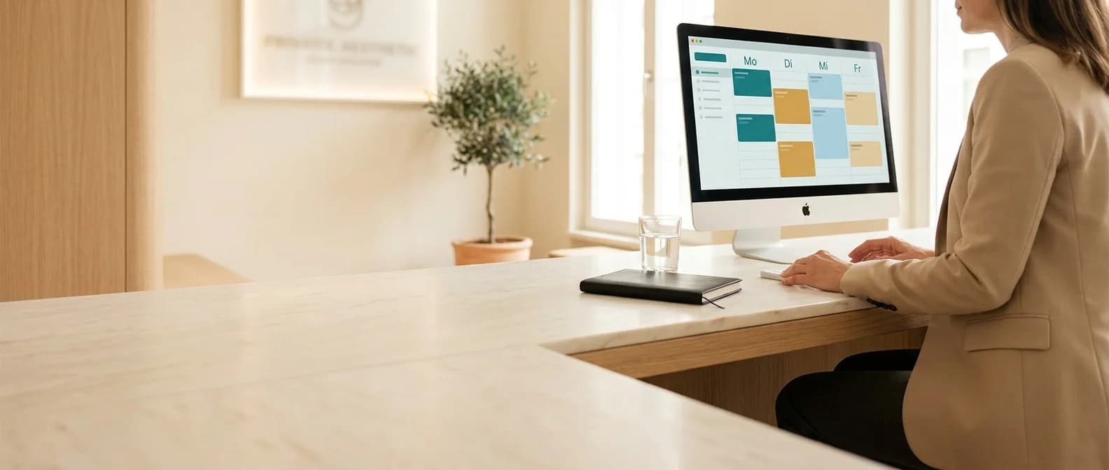 Praxismanagerin sitzt am Marmor-Counter vor einem 27-Zoll-iMac, der die AesthOS-Dienstplan-Wochenansicht mit farbcodierten Schichten und Soll-Ist-Balken zeigt