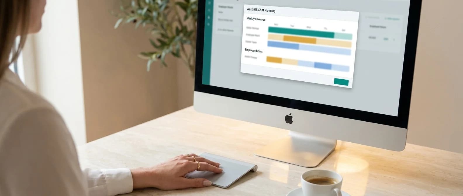 Nahaufnahme eines iMac-Bildschirms mit dem Dienstplan-Vorschlags-Dialog, der Coverage-Balken pro Tag und Stunden-Übersicht pro Mitarbeiterin zeigt