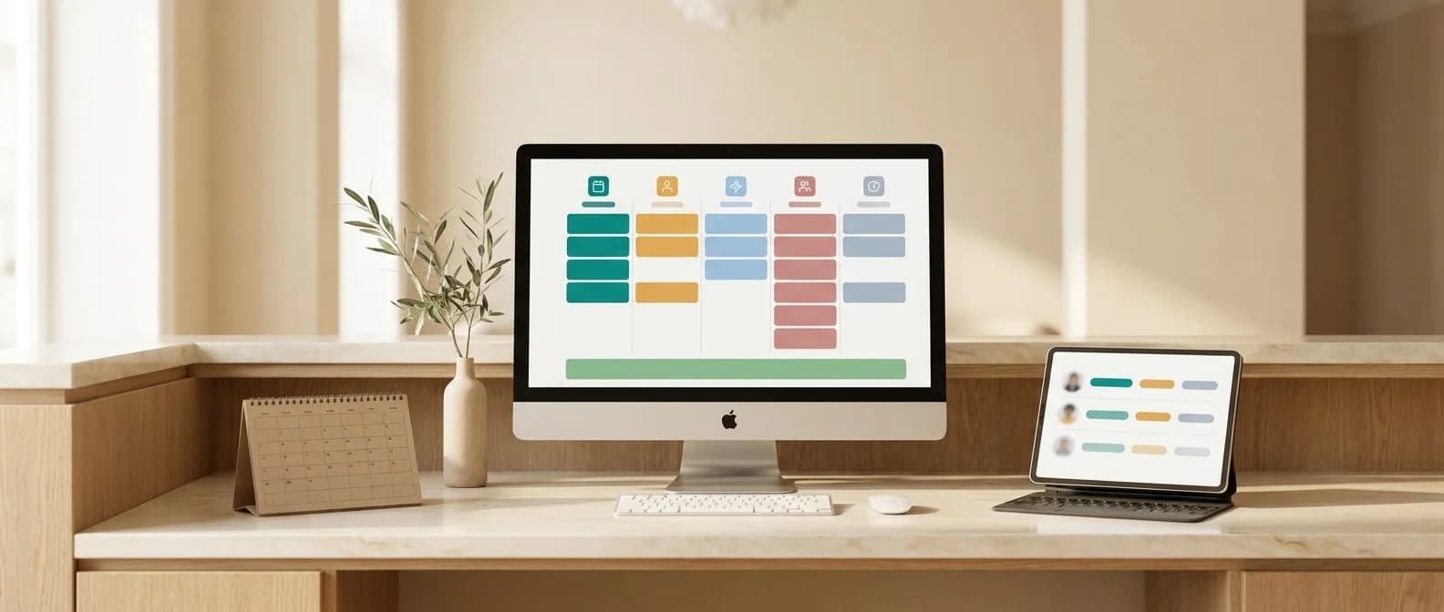 Marmor-Empfangstresen mit 27-Zoll-iMac, der die AesthOS-Wochenplan-Ansicht mit Soll-Badges oben, Schichtzellen pro Mitarbeiterin und Ist-Footer mit Farbcode zeigt