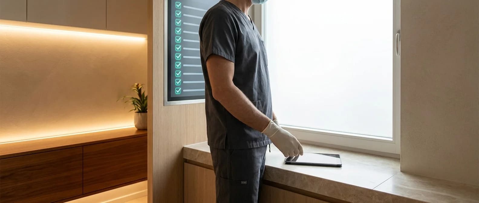 Chirurg prüft vor dem Eingriff die vollständige, freigegebene Dokumenten-Checkliste auf einem Wand-Display am OP-Saal