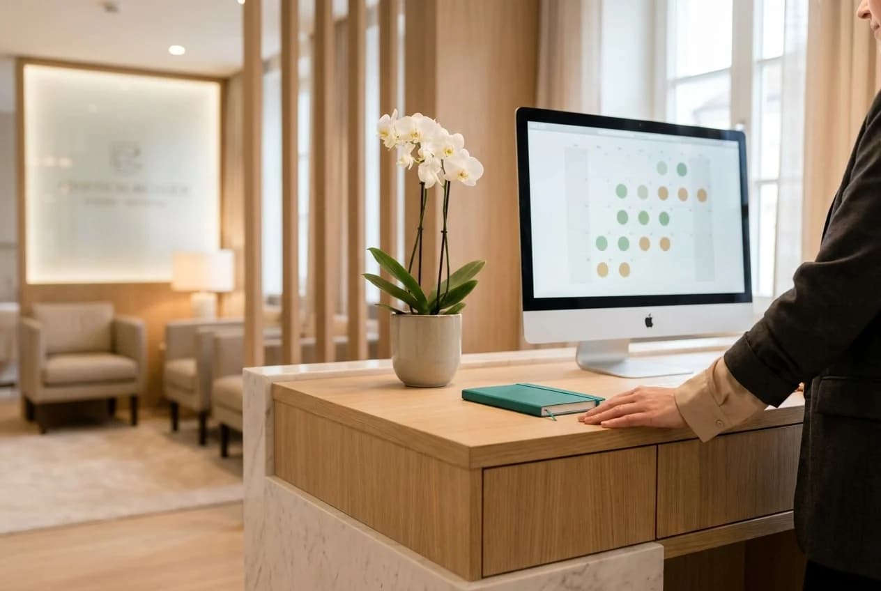 Praxismanagerin prüft am iMac den OP-Plan des Tages mit den Status-Ampeln der Dokumenten-Checklisten