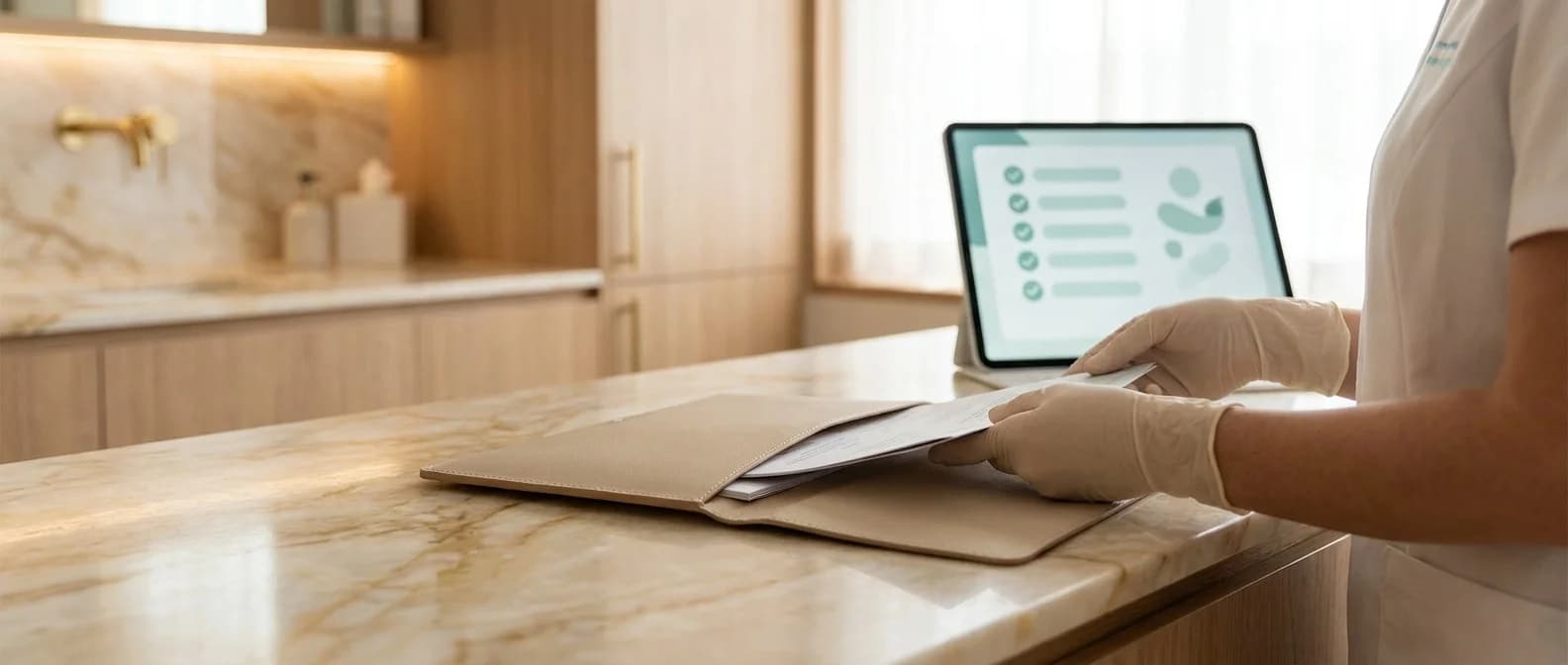 Hände legen den letzten unterschriebenen Aufklärungsbogen in die OP-Mappe, im Hintergrund die passende digitale Checkliste mit grünen Haken