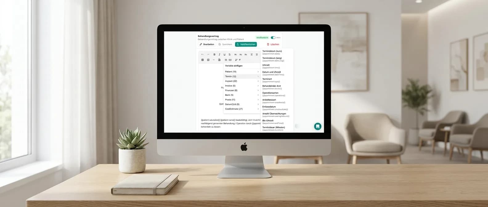 iMac-Editor einer Privatklinik zeigt eine AesthOS-Dokumentvorlage mit geöffnetem Variablen-Menü (Patient, Termin, Implantat …) und {{Platzhaltern}} im Text