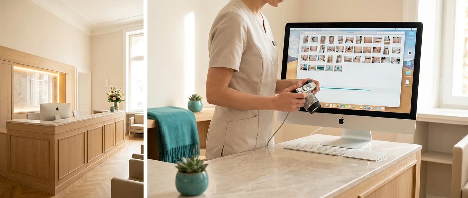 Behandlerin überträgt die Fotos der Kamera am Klinik-Arbeitsplatz in die Patientenakte