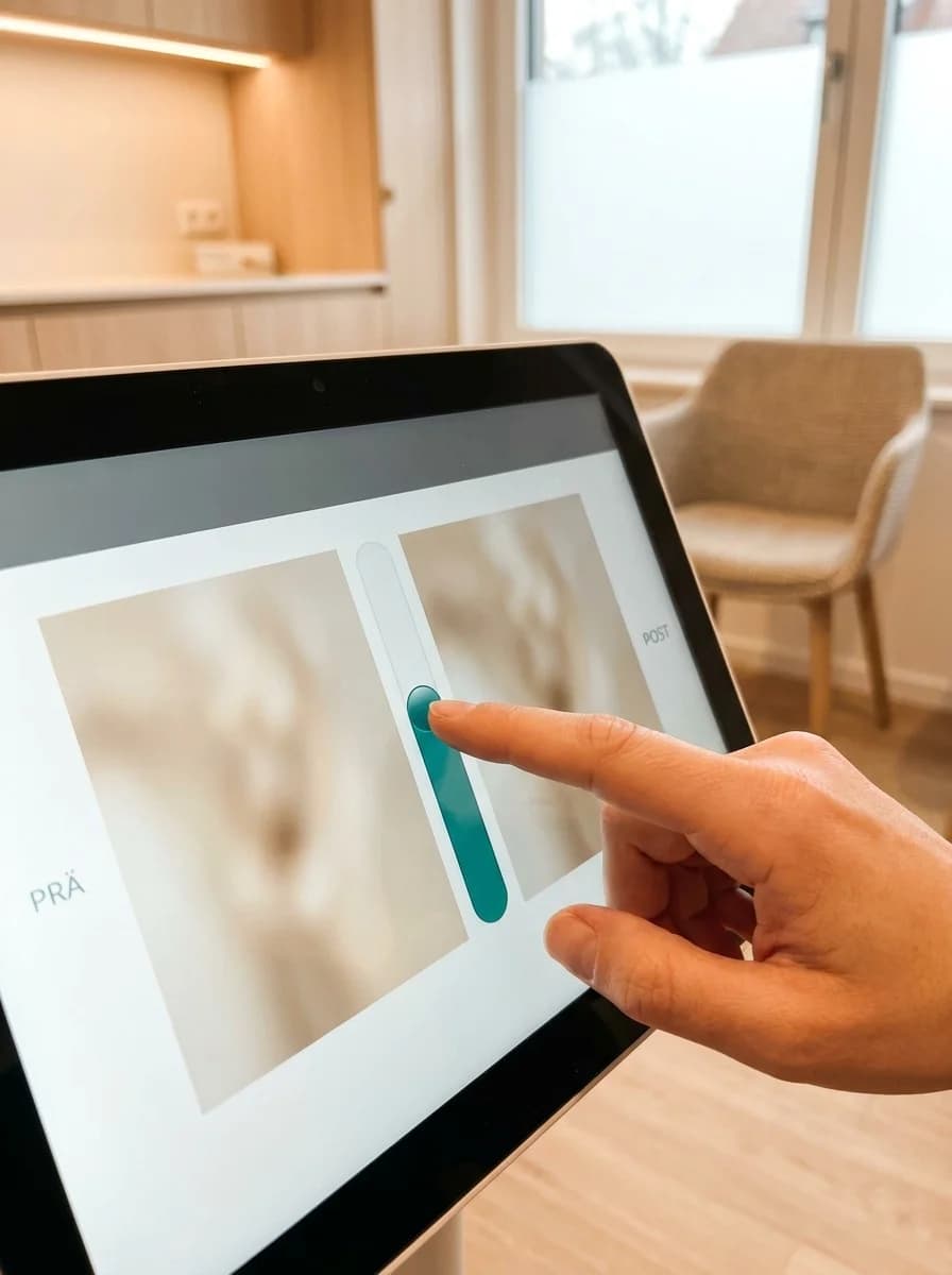 Hand bewegt auf dem Bildschirm den Schieberegler zwischen einem anonymisierten Vorher- und Nachher-Bild