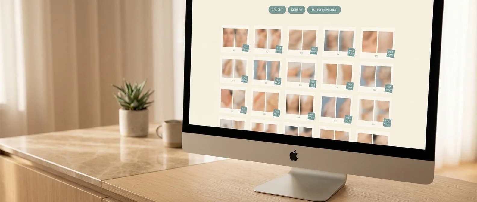 iMac am Klinik-Schreibtisch zeigt die Foto-Pool-Galerie mit Filterleiste und anonymisierten Vorher-Nachher-Kacheln