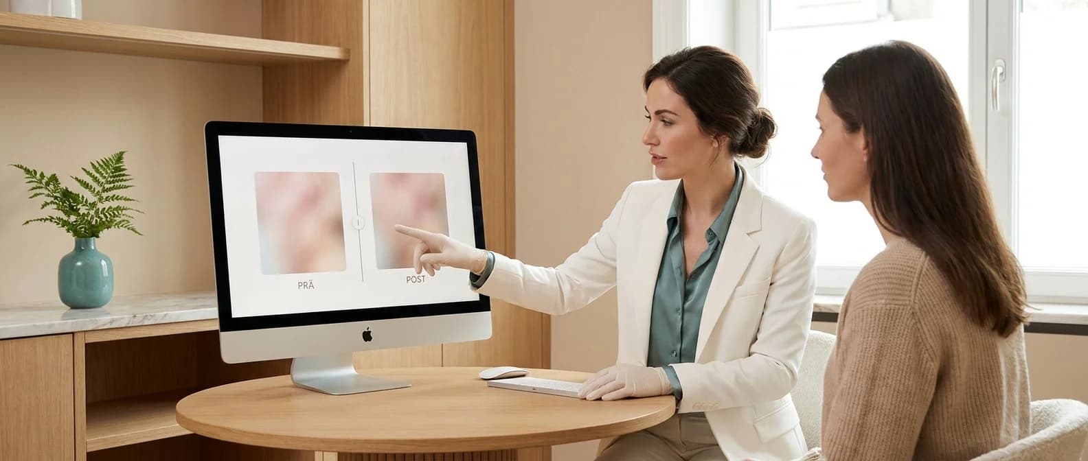 Behandlerin zeigt einer Patientin im Beratungsraum einer Privatklinik einen anonymisierten Vorher-Nachher-Vergleich auf dem Bildschirm