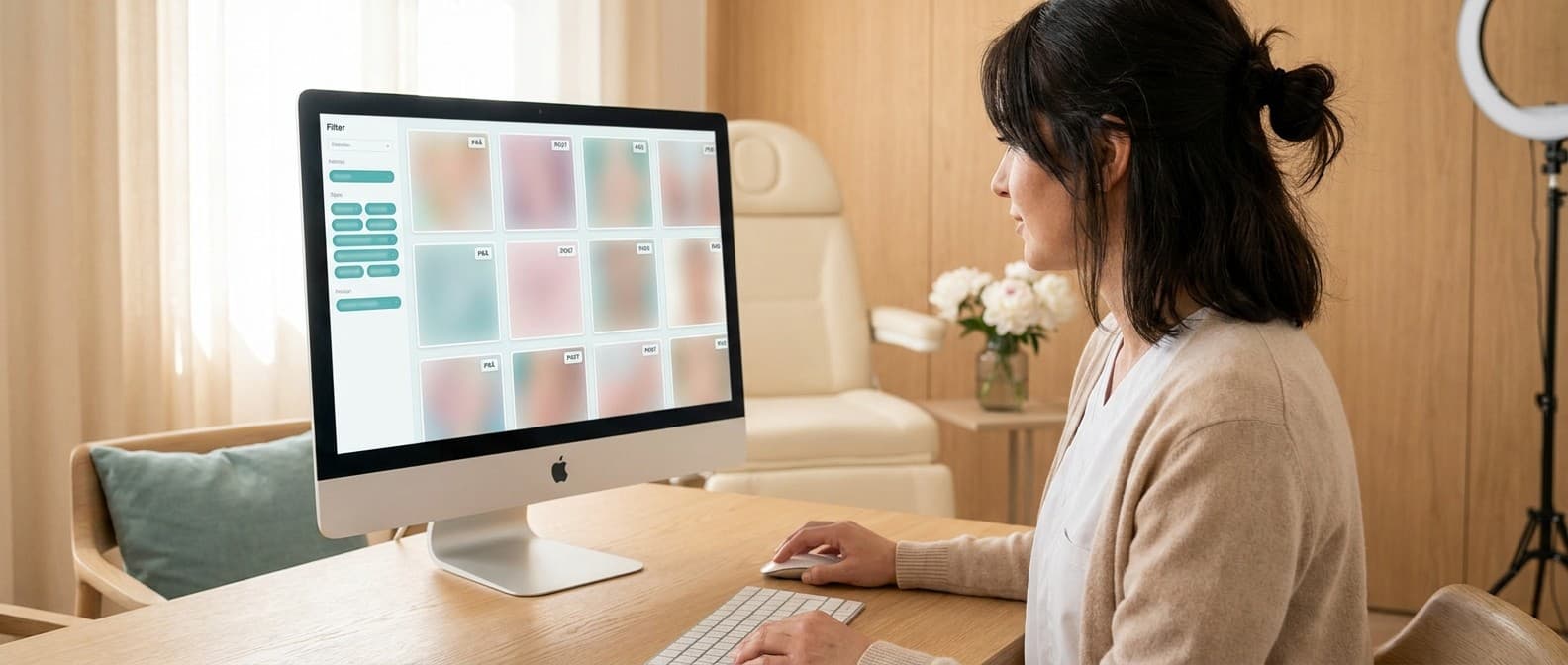 Ärztin am iMac mit Foto-Pool — anonymisierte Vorher-Nachher-Tiles mit PRÄ/POST-Stempeln in einer ruhigen Behandlungsraum-Umgebung