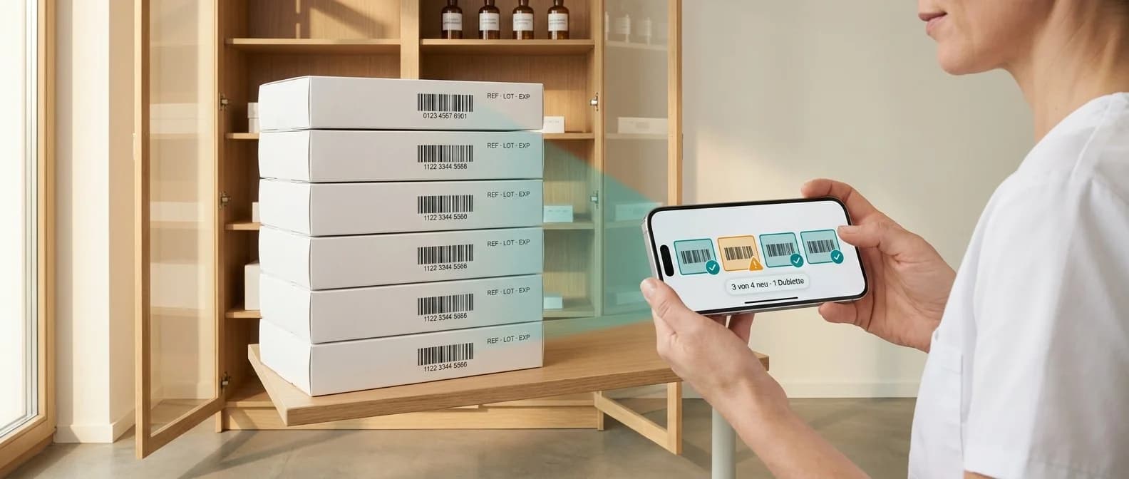 OP-Schwester fotografiert mehrere Implantat-Verpackungen mit dem iPhone vor dem Lagerschrank — Foto-Wareneingang im Implantat-Lager