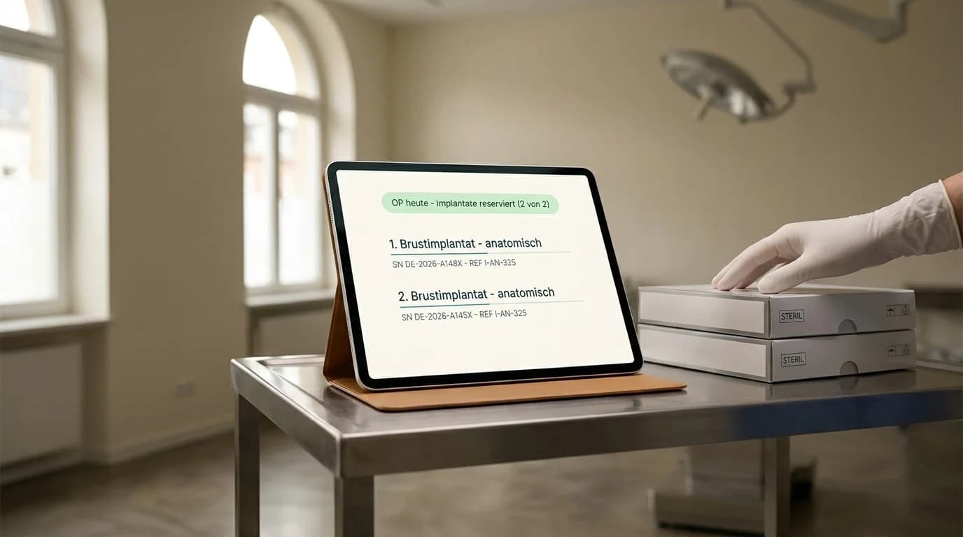 iPad im OP-Saal zeigt Lager-Cockpit mit reservierten Implantaten und grünem Status — vorbereitete OP ohne Notbestellung