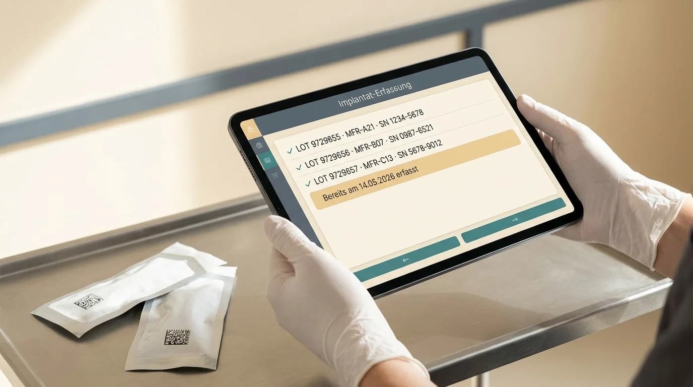 Hände in OP-Kleidung halten ein iPad mit Implantat-Scan-Übersicht — erkannte Chargen mit grünen Häkchen und Dubletten-Hinweis
