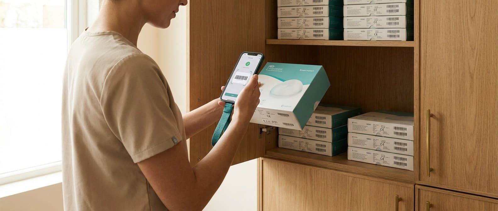 Pflegekraft scannt Implantat-Verpackungen mit dem iPhone vor dem Schrank — Foto-Wareneingang im Lager-Modul