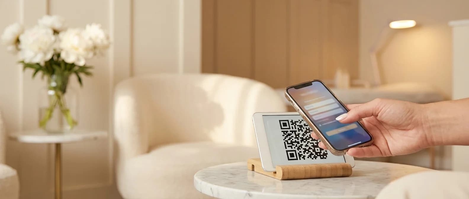 Patientin scannt QR-Code im Wartebereich