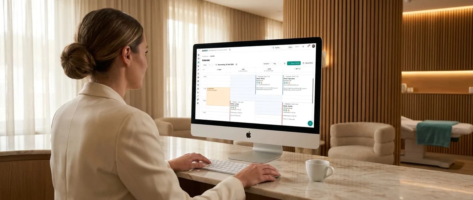 Praxismanagerin am Marmor-Empfang vor 27-Zoll-iMac, der die AesthOS-Kalender-Ansicht mit Sidebar-Navigation, Toolbar und konfigurierten Spalten für Klinik-Räume und Behandler zeigt