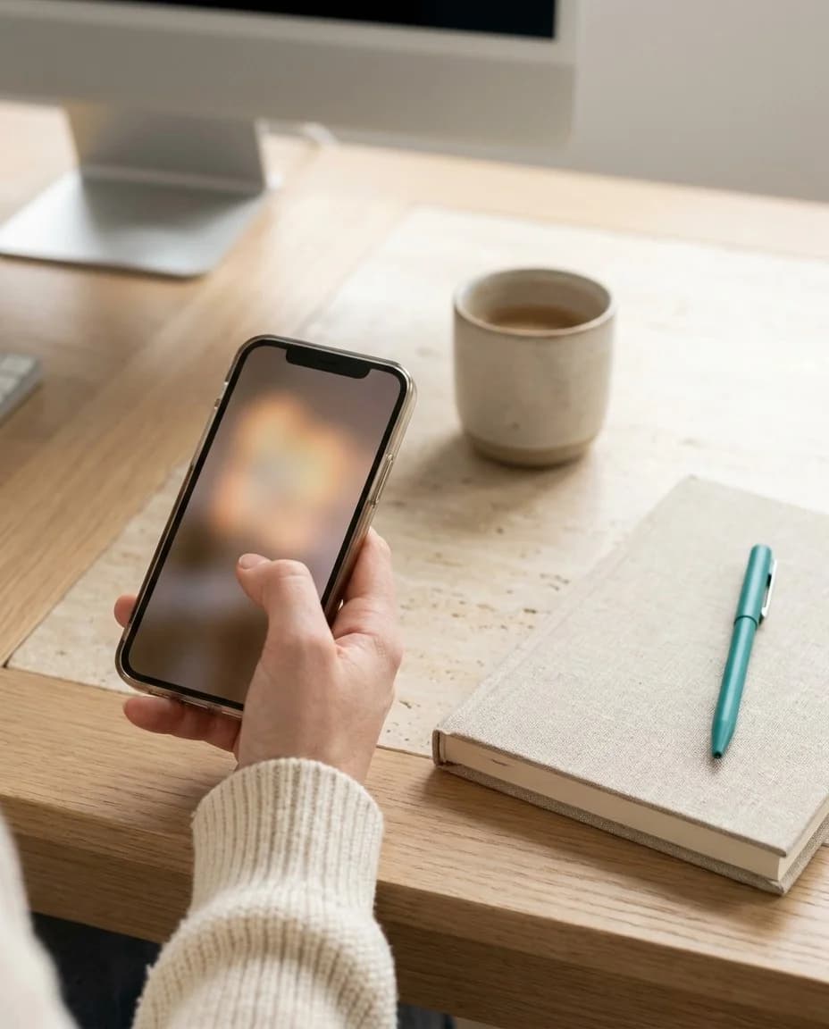Hand mit Smartphone bestätigt am Morgen eine Freigabe, daneben Kaffeetasse und Notizbuch auf dem Schreibtisch der Klinikleitung