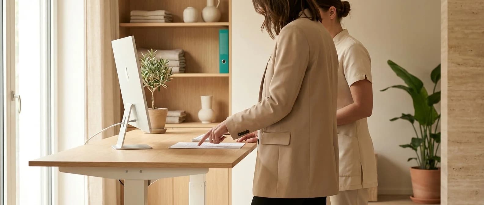 Praxismanagerin und MFA besprechen morgens im Backoffice einer Privatklinik eine ausgedruckte Liste am Stehpult