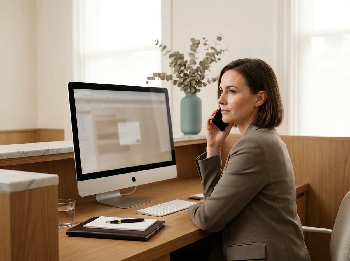 Mitarbeiterin am Empfangs-Desktop der Privatklinik fasst telefonisch zu einem Kostenvoranschlag nach
