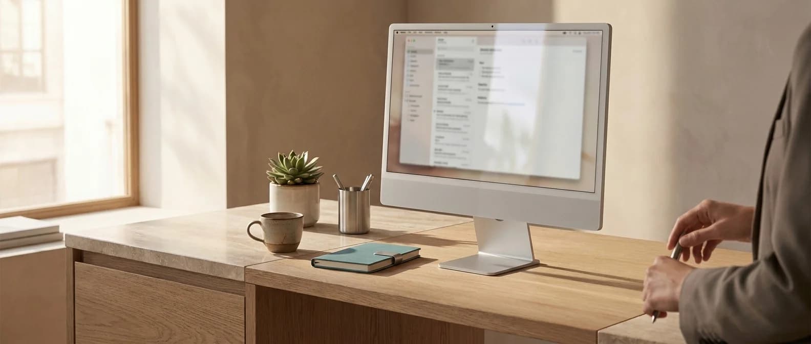 iMac am Empfangs-Schreibtisch der Privatklinik — zentrale Übersicht und Nachverfolgung der Kostenvoranschläge