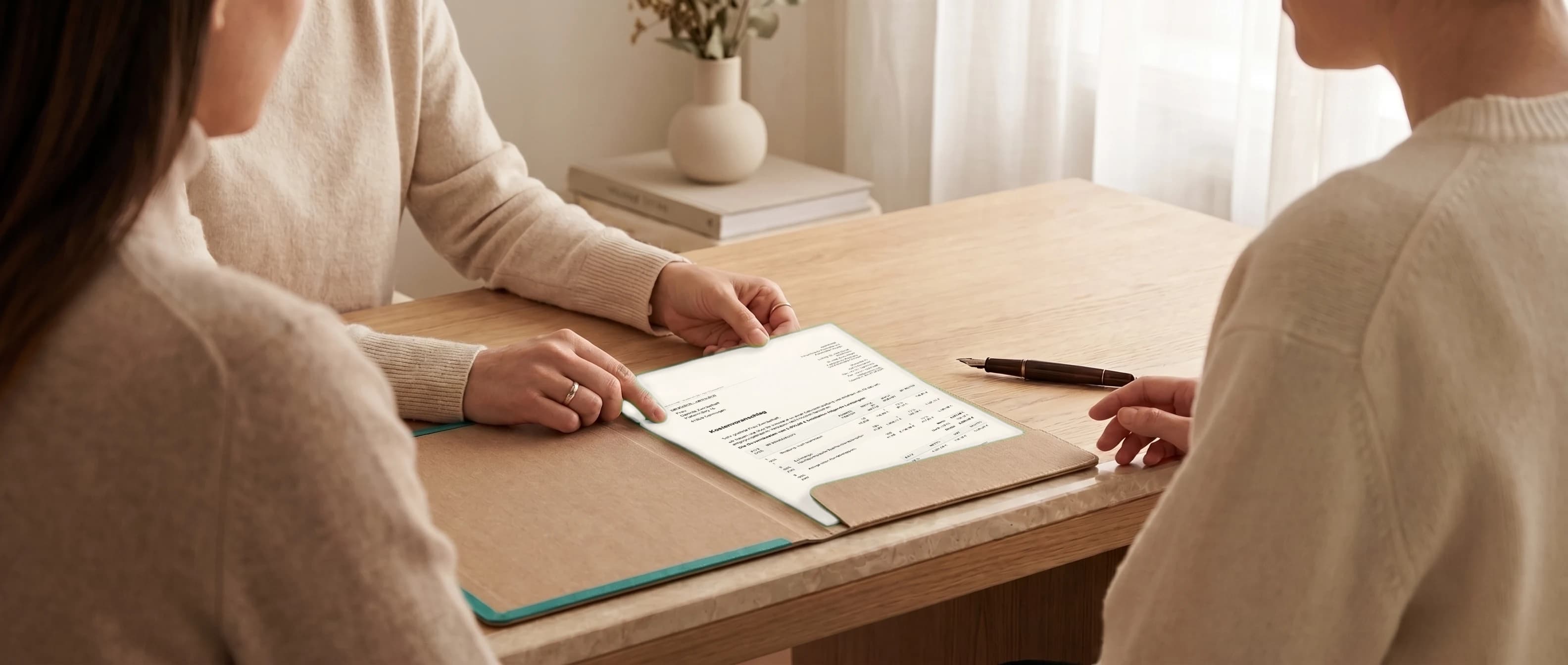 Beraterin überreicht einer Patientin am Eichentisch der Privatklinik eine Mappe mit dem gedruckten AesthOS-Kostenvoranschlag — Positionen, Netto, MwSt. und Brutto auf einer Seite