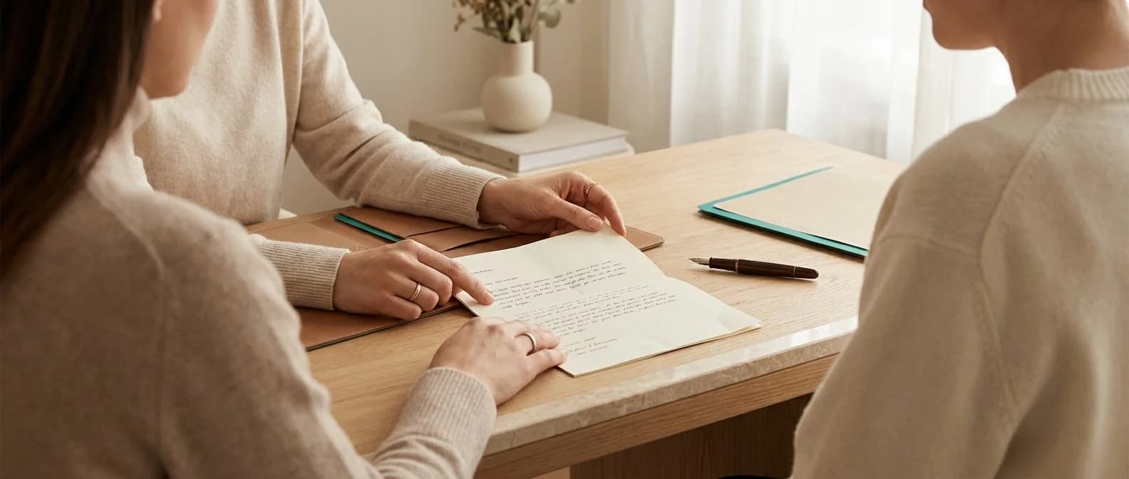 Beraterin bespricht einen gedruckten Kostenvoranschlag mit einer Patientin am Marmortisch der Privatklinik