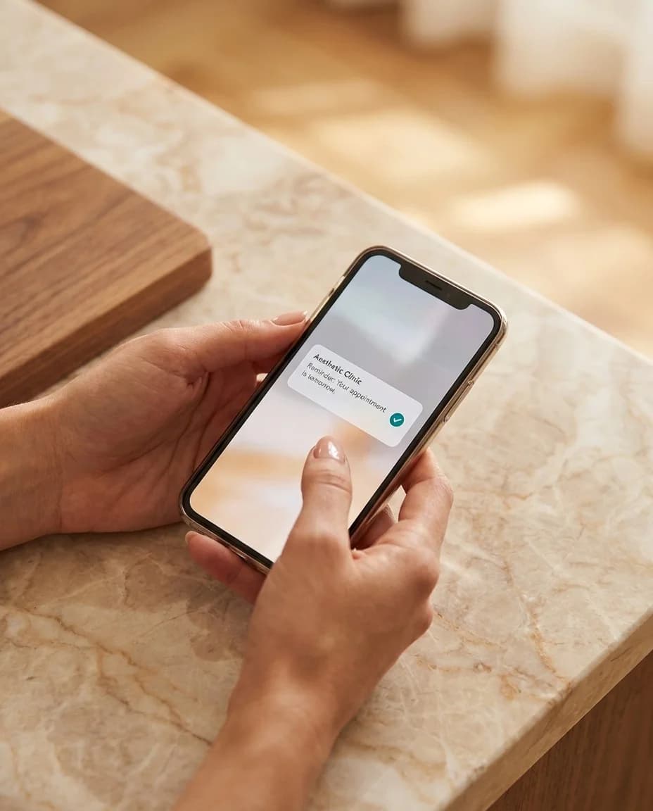 Smartphone auf Marmor zeigt eine zugestellte Terminerinnerung der Klinik