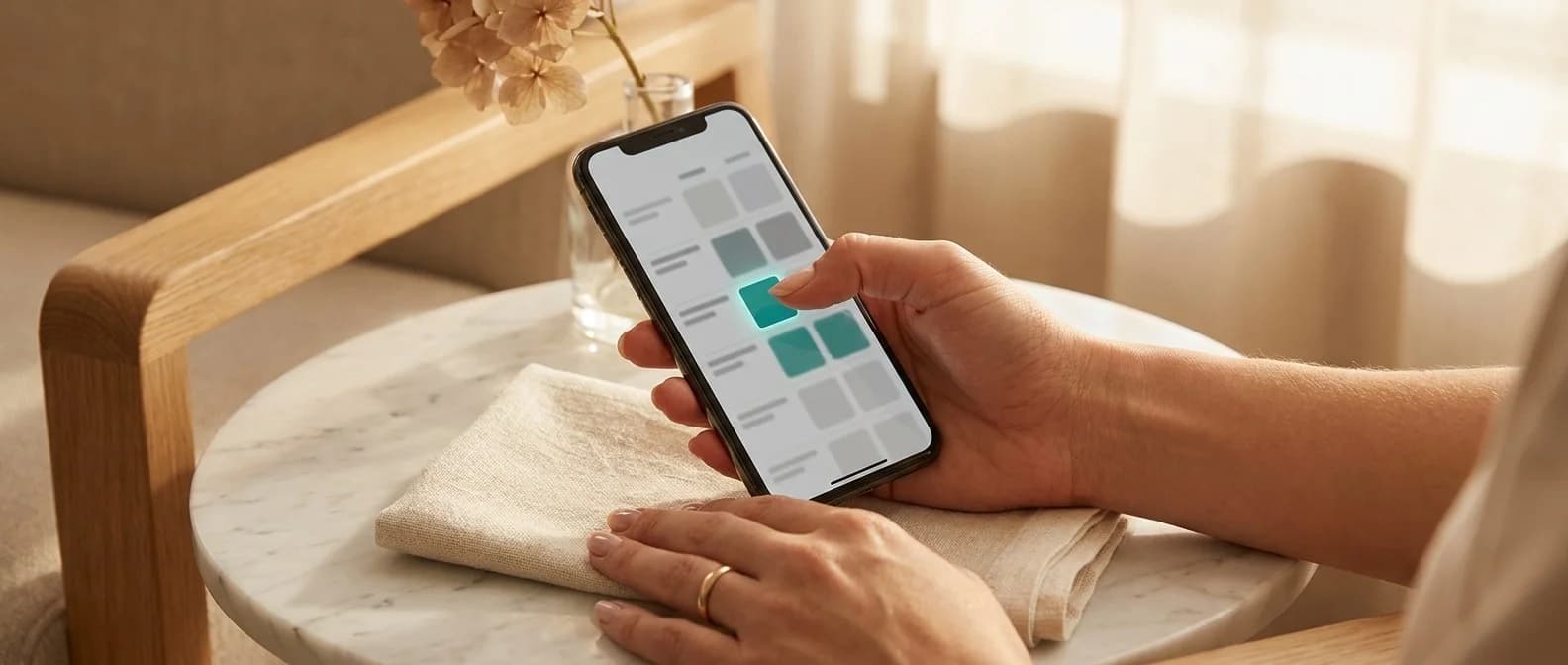 Daumen tippt auf einen freien Termin-Slot im Buchungs-Wizard am iPhone