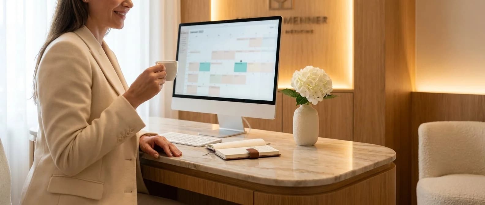 Klinikleitung am iMac am Marmor-Empfang sieht eingehende Online-Buchungen entspannt in Echtzeit