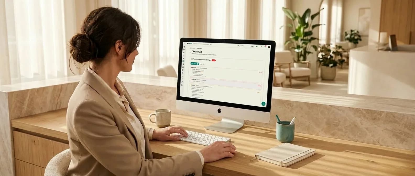 Praxismanagerin am 27-Zoll-iMac auf einem warmen Back-Office-Schreibtisch mit dem AesthOS-OP-Cockpit — eine Liste anstehender OPs mit roten, orangen und grünen Ampelpunkten und Zahlungs- und Dokumentenstatus, daneben eine Kaffeetasse