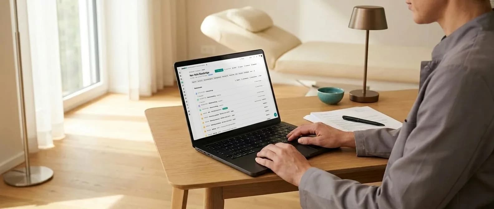 Arzt im hellen Sprechzimmer arbeitet am MacBook mit aufgeklappter Patientenakte