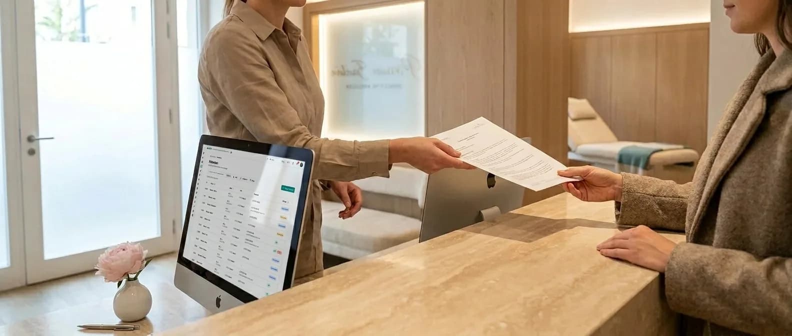 Empfangsmitarbeiterin am Marmor-Tresen reicht einer Patientin eine Übersicht — daneben ein iMac mit der aesthOS-Patientenliste
