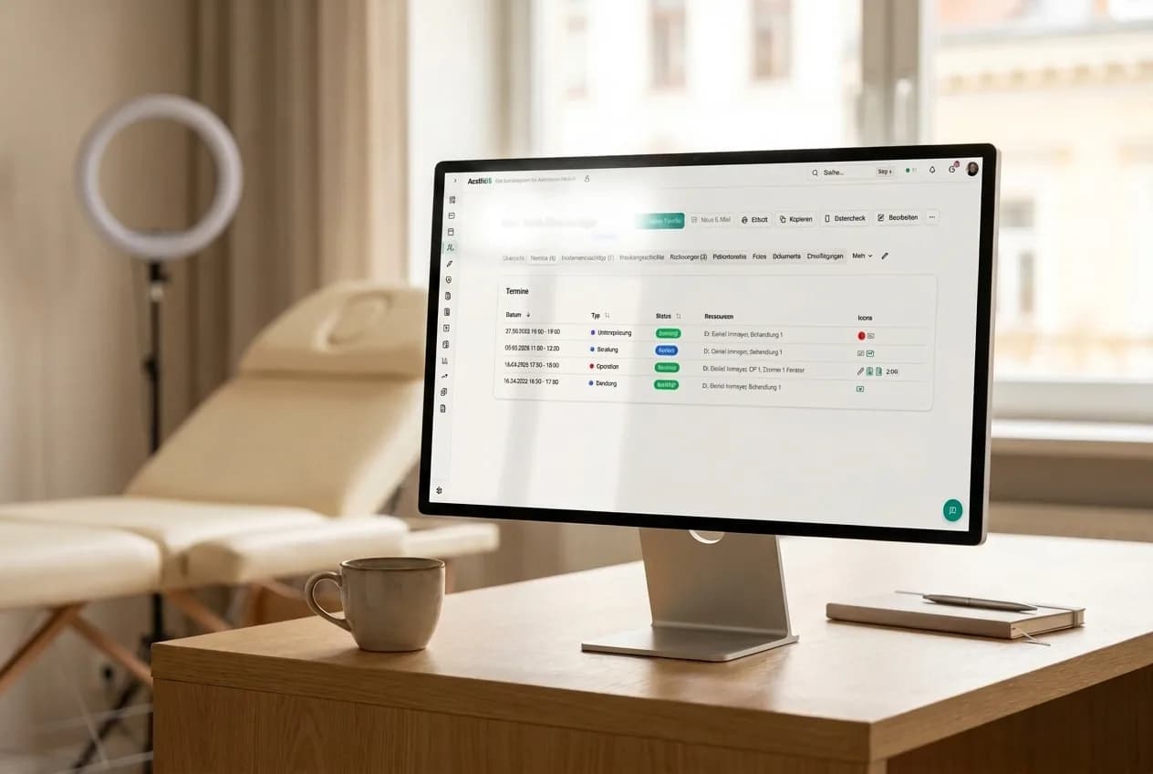 Studio-Monitor auf einem Behandler-Schreibtisch zeigt die aesthOS-Terminübersicht eines Patienten mit Typ, Status und zugeordneten Ressourcen