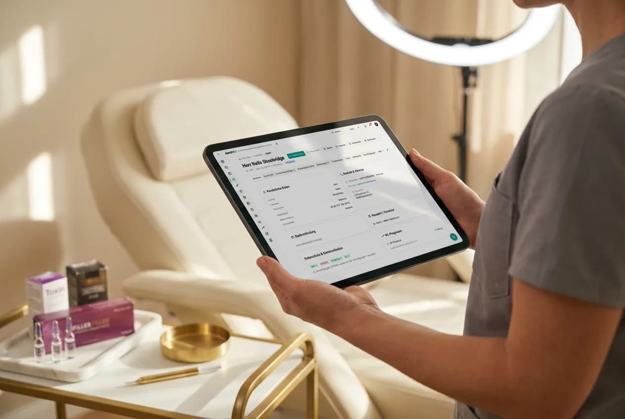 Behandlerin hält im Behandlungsraum ein Tablet mit der aesthOS-Patientenübersicht — Stammdaten, Kontakt und Einwilligungen auf einen Blick