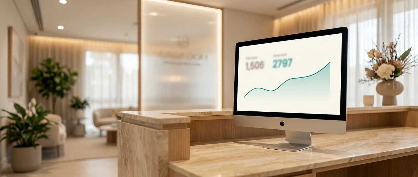 iMac am Empfang zeigt das Patientenbindungs-Dashboard mit Kennzahlen und Trend