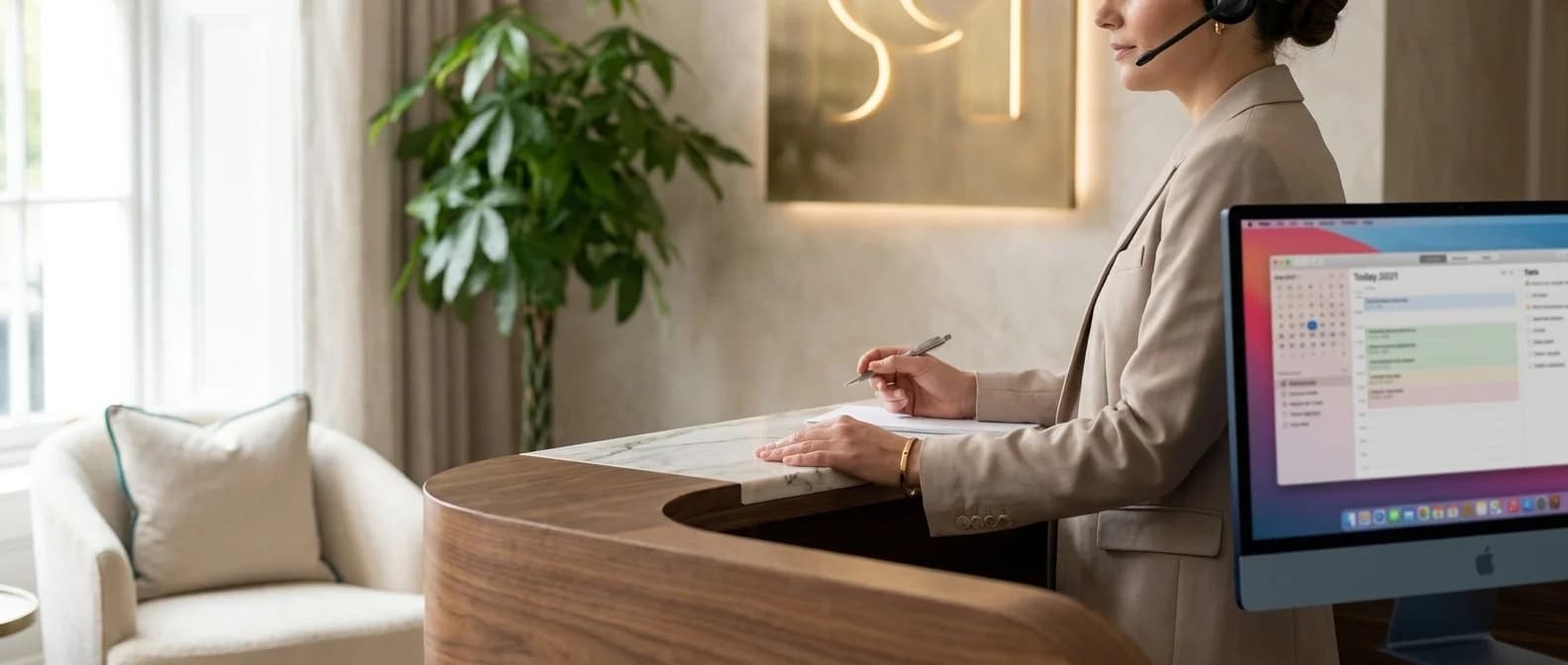 Praxismanagerin am Marmor-Empfang einer Ästhetik-Klinik mit Headset bei einem ruhigen Patienten-Anruf