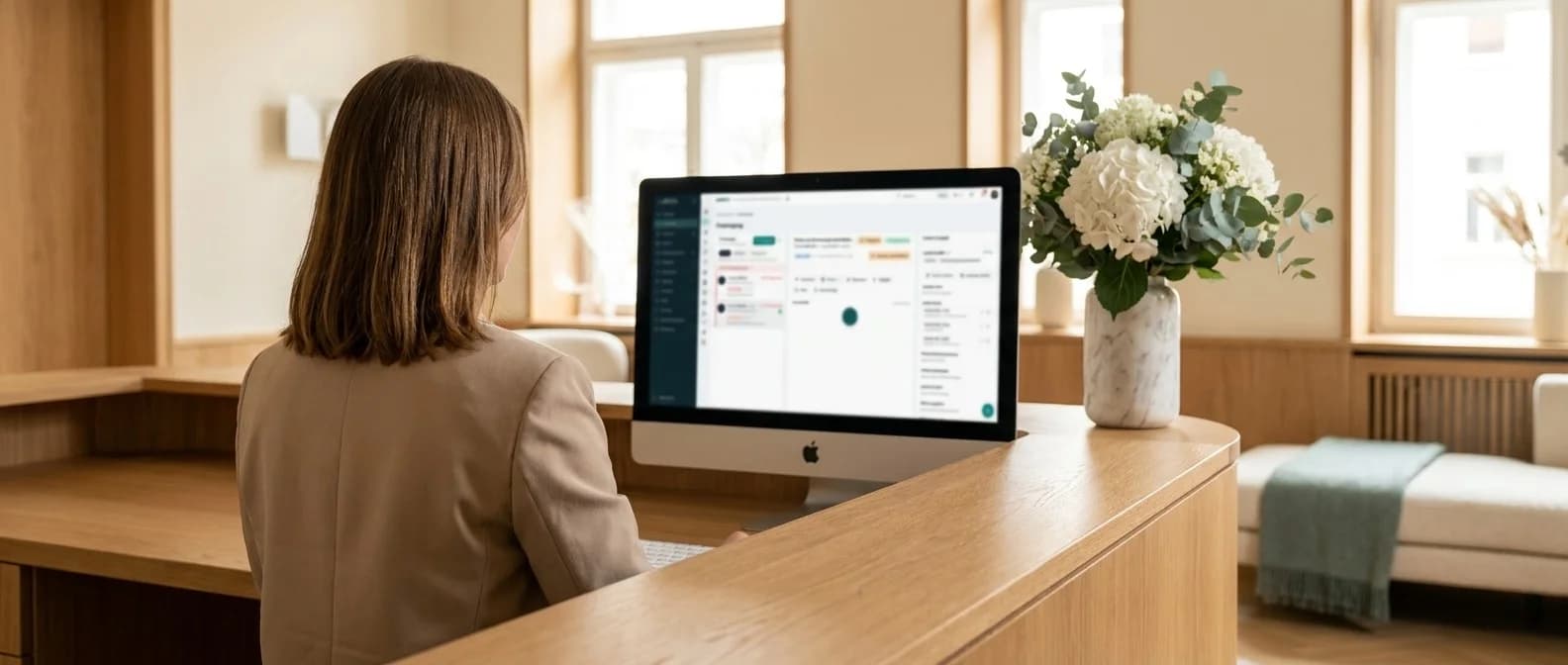 Empfangs-iMac am Marmor-Counter zeigt das Posteingang-Cockpit mit Patientenmail und Akte