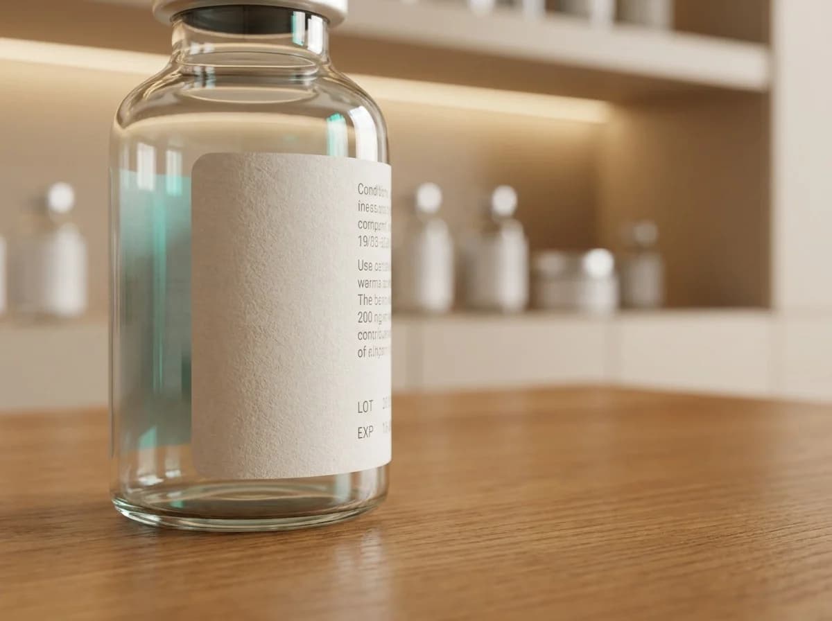Makroaufnahme eines Injektions-Vials mit gestochen scharfem LOT- und Verfallsdatum-Etikett