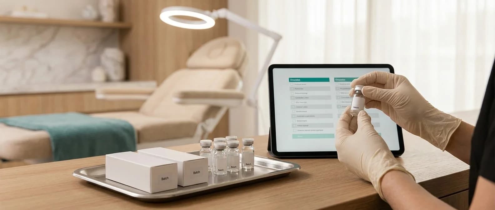 Behandlerin gleicht ein Injektions-Vial mit Chargen-Etikett gegen die Dokumentation auf dem Tablet ab