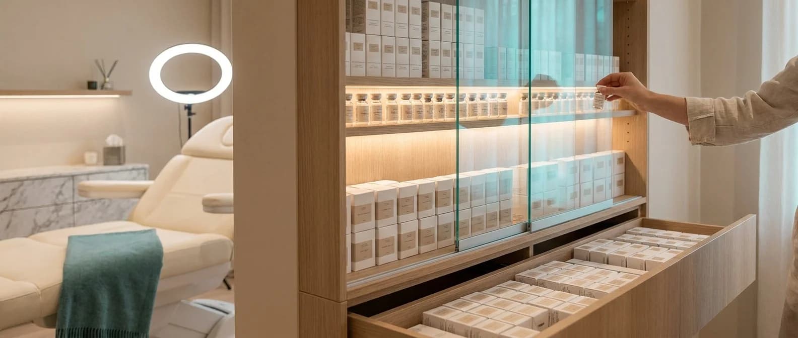 Aufgeräumtes Injektions-Lager mit Vials und Chargen-Etiketten im Klinikschrank