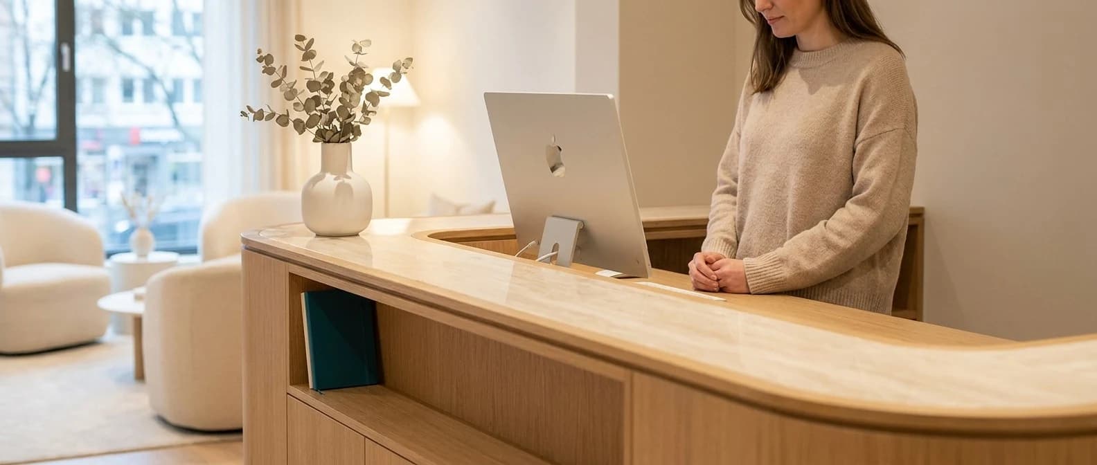 Ruhiger Empfangstresen einer ästhetischen Privatklinik, Mitarbeiterin am iMac ohne Telefonstress