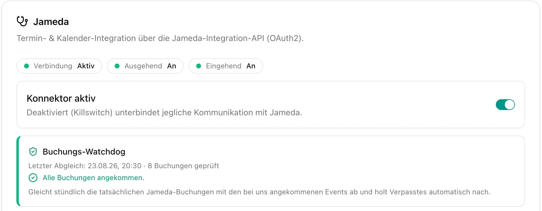Konnektor-Ansicht in den AesthOS-Einstellungen: Verbindung aktiv, ausgehend und eingehend an, Abschalter sowie der stündliche Abgleich mit dem Hinweis, dass alle Buchungen angekommen sind