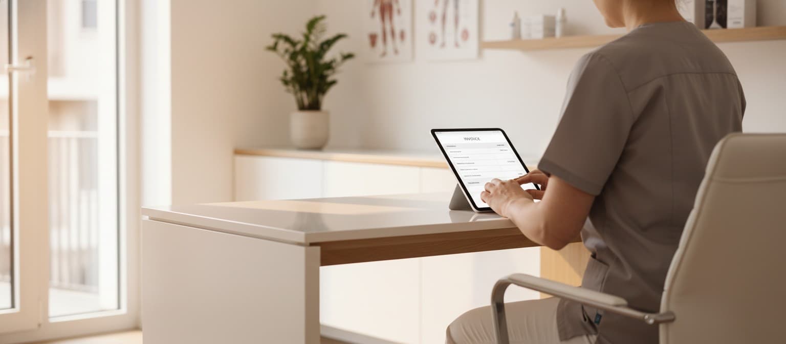 Privatärztin am minimalistischen Schreibtisch prüft eine strukturierte digitale GOÄ-Rechnung auf einem Tablet